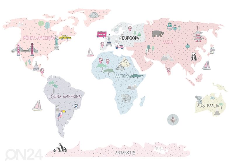 Seinätarra Maailmankartta S viron kielellä vaaleanpunainen kuvasuurennos