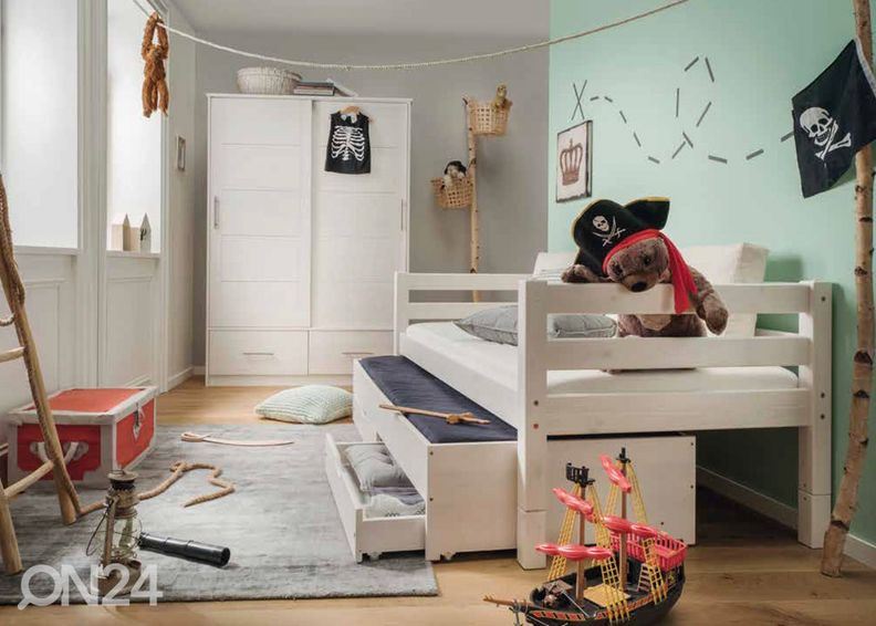 Suwem massiivipuusänky Fantazy 90x200 cm varasängyllä, turvalaidoilla ja laatikoilla kuvasuurennos