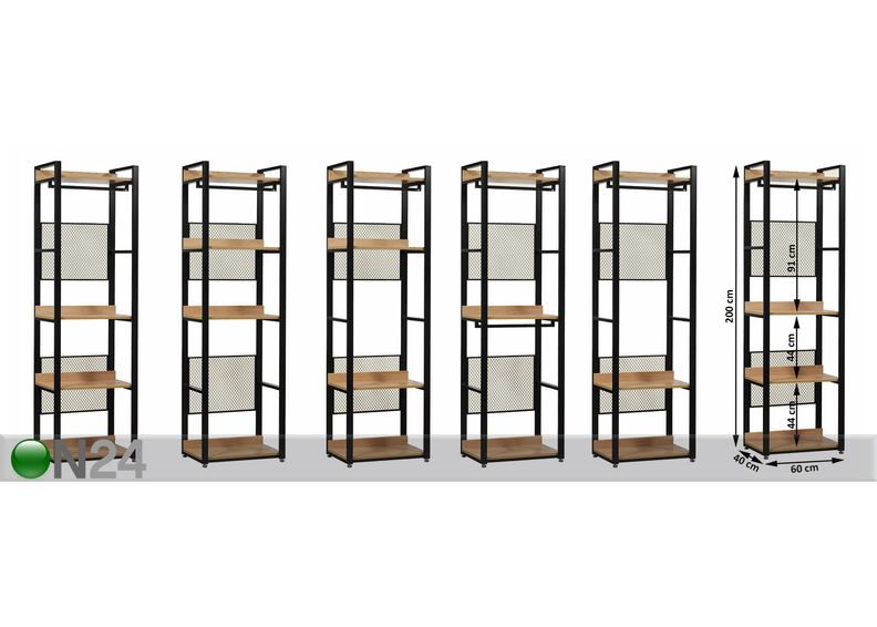Vaatekaappijärjestelmä 60x200 cm (4 hyllyä + 2 tankoa) kuvasuurennos