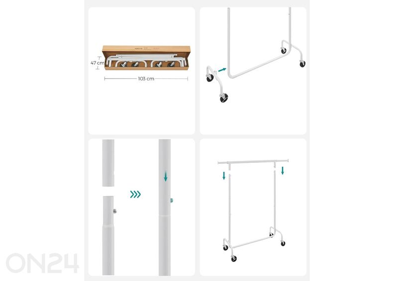 Vaaterekki pyörillä, valkoinen kuvasuurennos