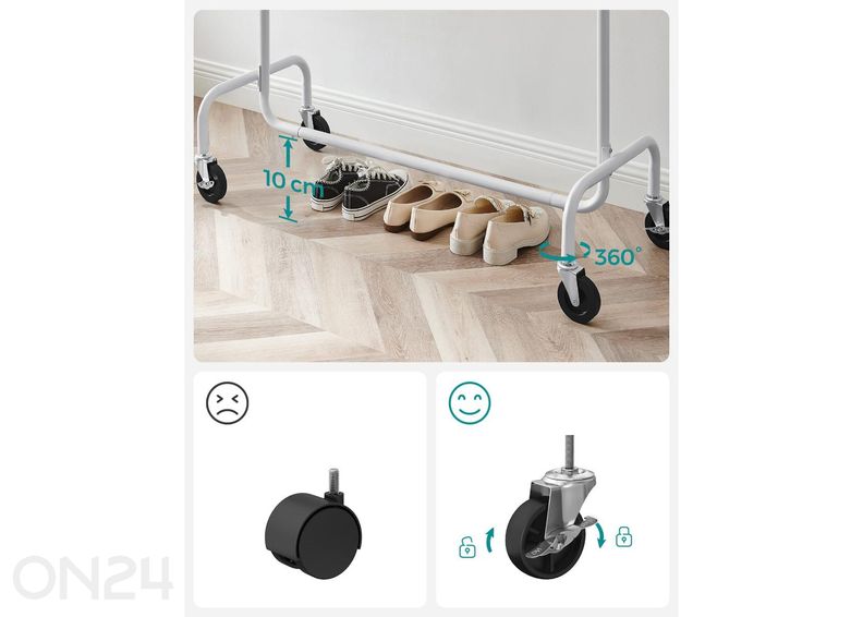 Vaaterekki pyörillä, valkoinen kuvasuurennos