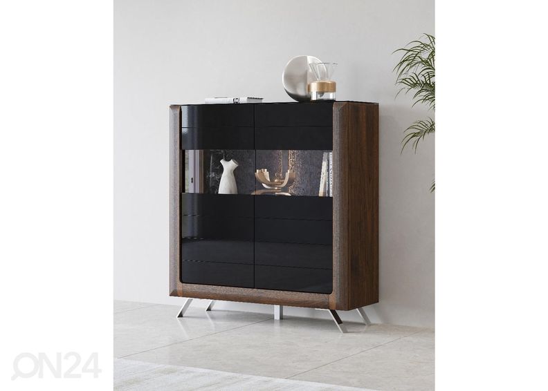 Vitriinikaappi Cassandra 128 cm, pähkinä/kiiltävä musta kuvasuurennos