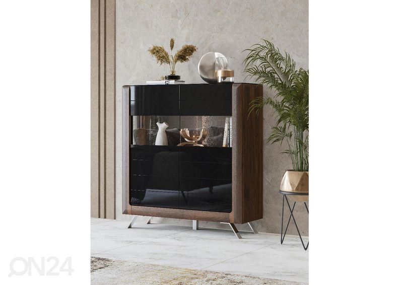 Vitriinikaappi Cassandra 128 cm, pähkinä/kiiltävä musta kuvasuurennos