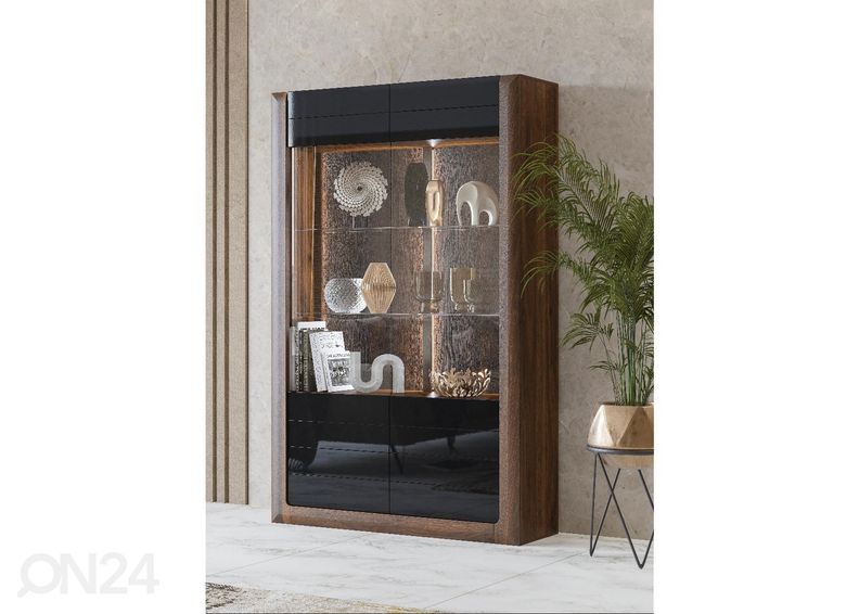 Vitriinikaappi Cassandra 129 cm, pähkinä/kiiltävä musta kuvasuurennos