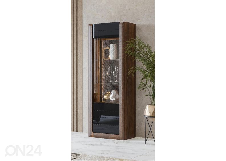Vitriinikaappi Cassandra 73 cm, pähkinä/kiiltävä musta kuvasuurennos