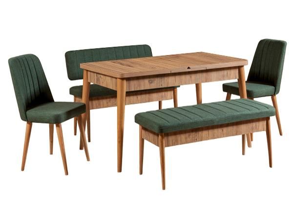 Jatkettava ruokapöytä 80x130-165 cm + 2 tuolia + 2 penkkiä