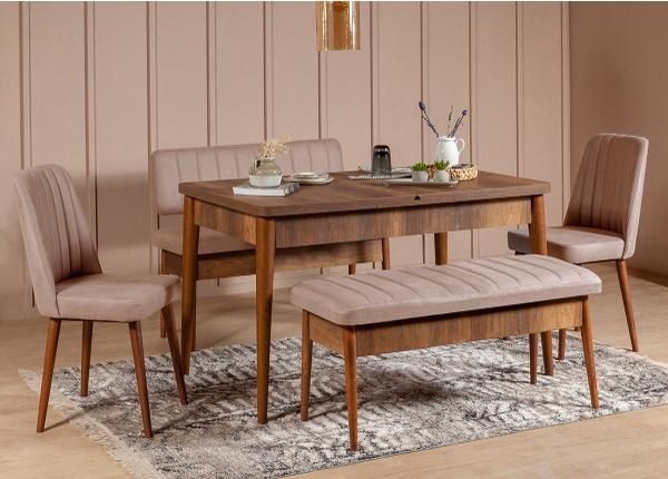 Jatkettava ruokapöytä 80x130-165 cm + 2 tuolia + 2 penkkiä