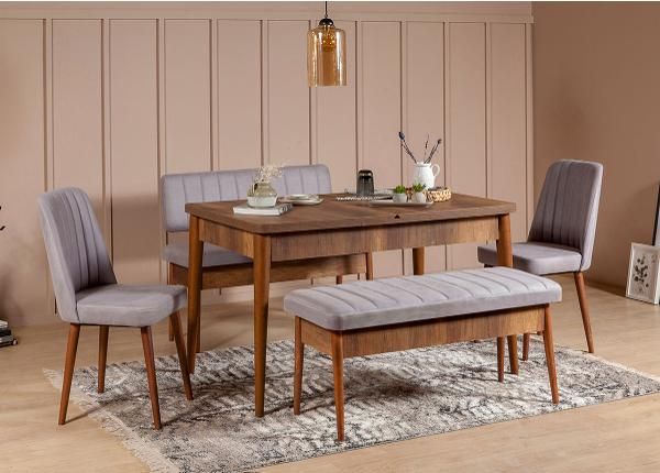 Jatkettava ruokapöytä 80x130-165 cm + 2 tuolia + 2 penkkiä
