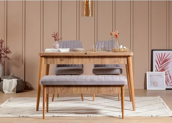 Jatkettava ruokapöytä 80x130-165 cm + 2 tuolia + penkki