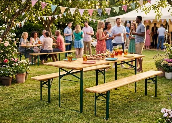 Kokoontaitettavat puutarhakalusteet, pöytä 70x220 cm + 2 penkkiä