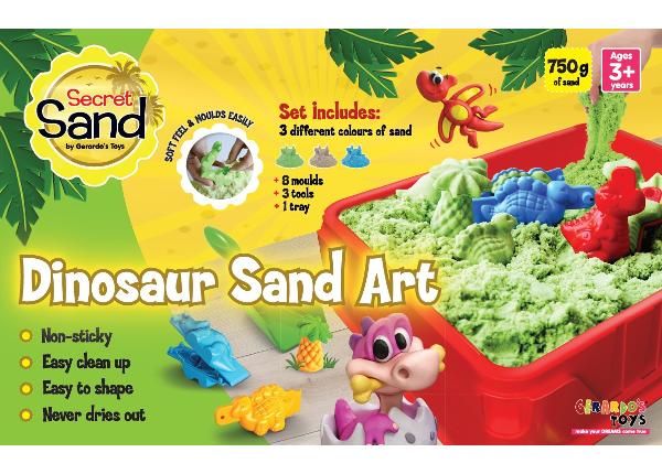 Muotoiluhiekka Dinosaurus alustalla 11-osainen Gerardo's Toys Secret Sand 750 g
