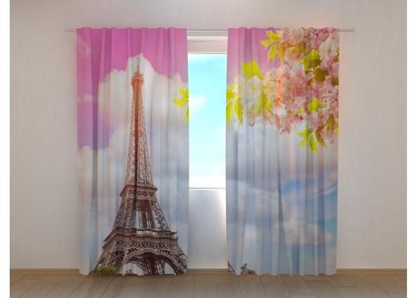 Piemennysverhot Blossoming Spring Cherry and Eiffel Tower 240x220 cm