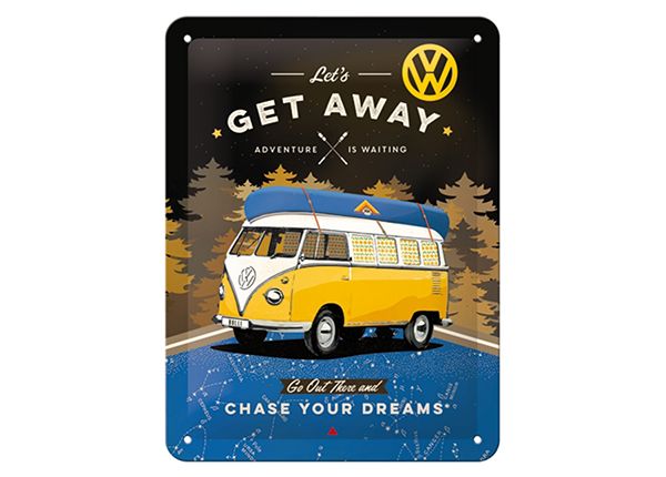 Retro metallitaulu VW Bulli - Let's Get Away Night 15x20 cm