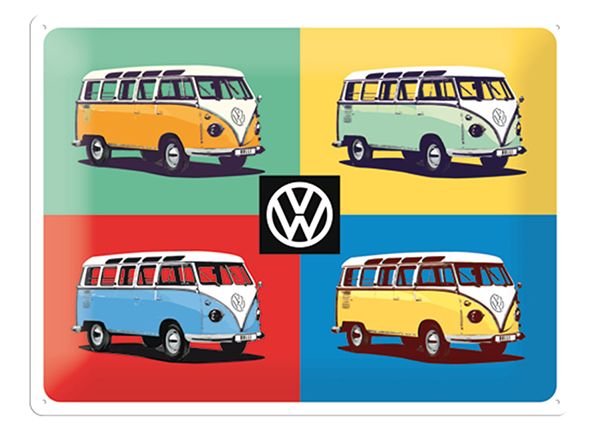 Retro metallitaulu VW Bulli Pop Art 4 autot 30x40 cm