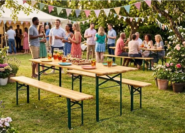 Taitettavat puutarhakalusteet, pöytä 50x220 cm + 2 penkkiä