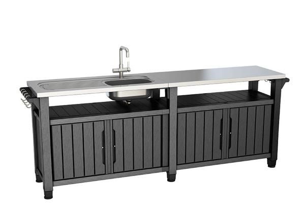 Ulkokeittiön sivupöytä pesualtaalla Keter Unity Chef 51x237 cm, grafiitti